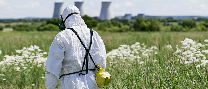 Hazardous Waste Site Inspection: A person in a full protective suit walks through a field of wildflowers, approaching cooling towers and industrial buildings.
