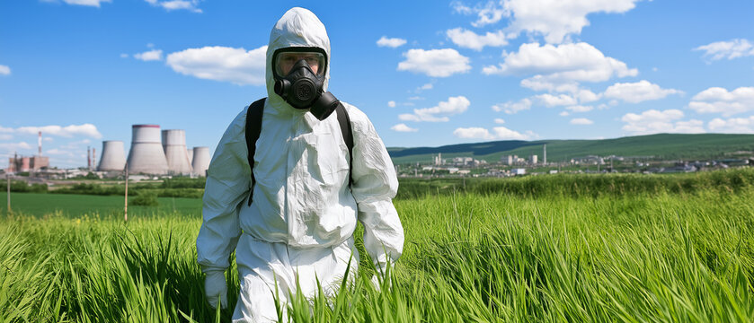 Hazmat suit in a field with industrial background: A person wearing a hazmat suit walks through a field of tall grass, with a factory in the background under a clear blue sky with some clouds.