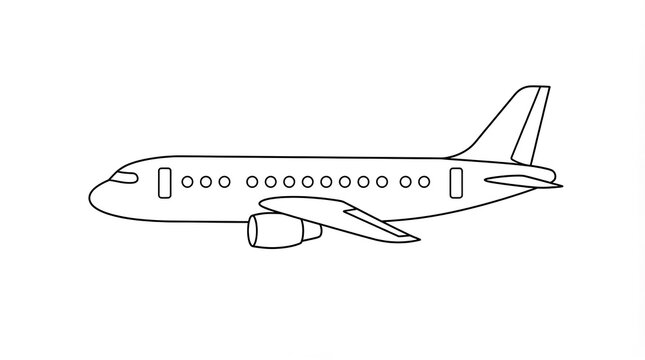 A simple black and white line drawing of a commercial passenger airplane viewed from the side on white background