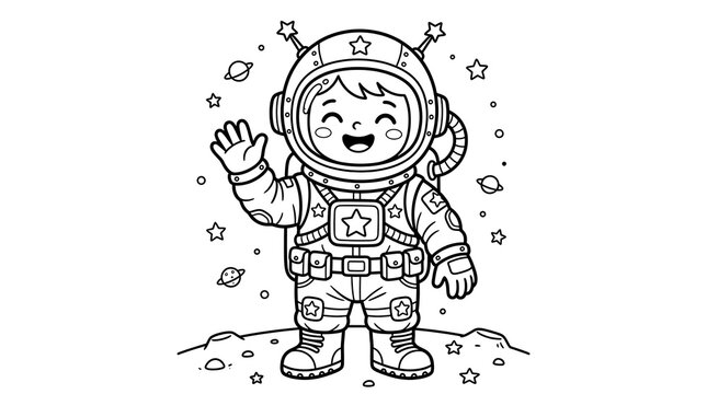 A cute cartoon astronaut waving hello while standing on the moon surface surrounded by many small stars for coloring page
