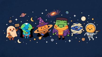 Naklejka premium Cartoon planets dressed in halloween costumes floating in outer space