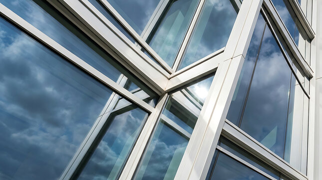 Modern glass building facade reflecting cloudy sky and sunlight at a sharp low angle perspective