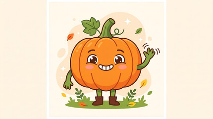 Fototapeta premium Cartoon pumpkin character waving hello in a grassy autumn field