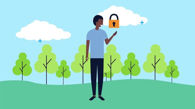 Afro man using smartphone with cyber security padlock and check mark icons in park scenery.