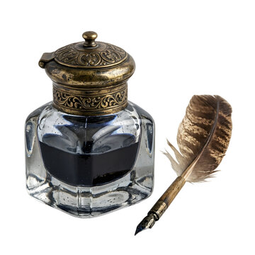 Vintage inkwell with quill pen isolated on white background

