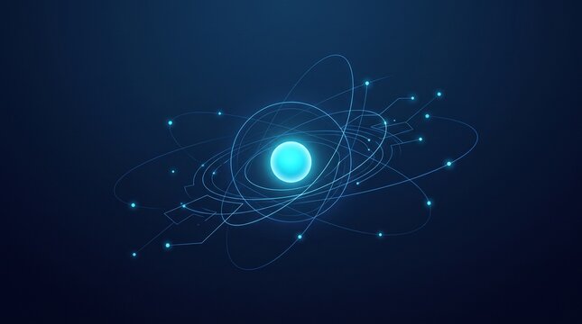 Abstract digital atom model with glowing nucleus and orbiting electrons on dark blue background, science and technology concept