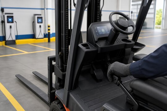 Warehouse Battery Charging Safety An Operator Gloved Right Hand Setting The Parking Brake Of A Stationary Unbranded Electric Forklift While The Fully Lowered Forks Are Visible Through The Open Side