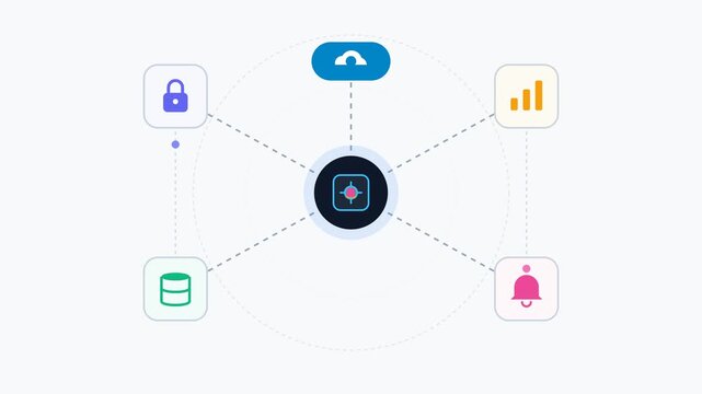 Modern flat motion illustration of a digital network with data, security, and cloud icons.
