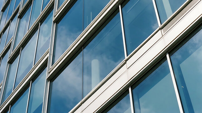 Modern Abstract Architectural Exterior Featuring Reflective Glass Windows and Steel Frames of a Contemporary High Rise Office Building Facade
