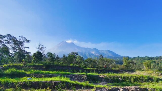 Aerial drone film majestic merapi mountain volcano landscape in indonesia