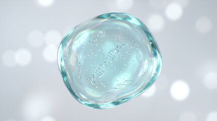 Fototapeta premium Transparent natural gel drop containing glowing DNA helices and molecular bubbles against a soft bokeh background