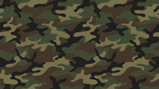 Classic woodland camouflage seamless pattern texture in olive green brown and black tones for military apparel design