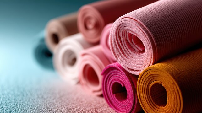 An aesthetically pleasing arrangement of rolled yoga mats in various colors showcases calmness and mindfulness, perfect for fitness enthusiasts and wellness practices.