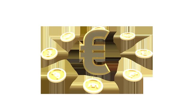 Golden euro coins orbiting a large central euro symbol in a seamless loop alpha ready