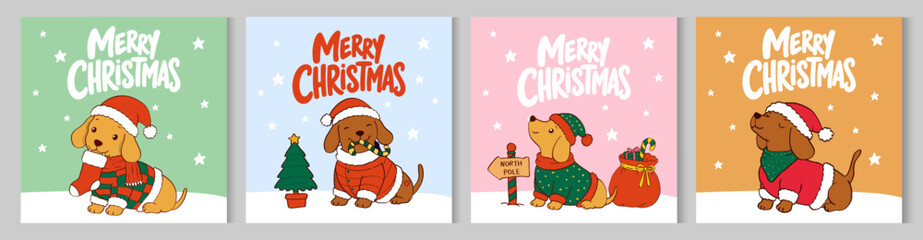 Fototapeta premium Merry Christmas and happy new year greeting card with cute dachshund puppy in winter costumes. Xmas design in trendy whimsical hand drawn style dog and decorated christmas tree banner, poster, covers.