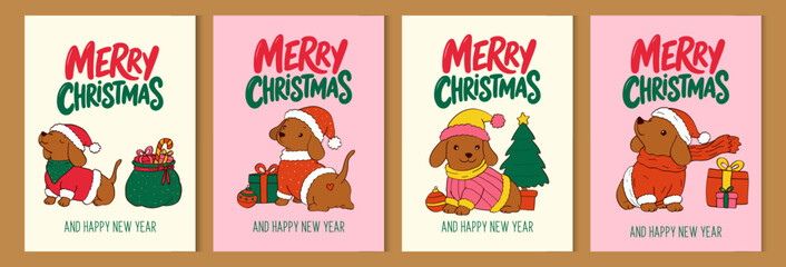 Fototapeta premium Merry Christmas and happy new year greeting card with cute dachshund puppy in winter costumes. Xmas design in trendy whimsical hand drawn style dog and decorated christmas tree banner, poster, covers.