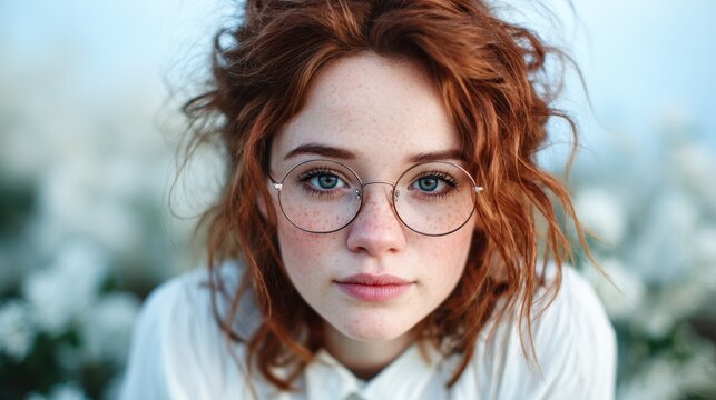 This captivating portrait captures a young woman with freckled skin surrounded by blossoming flowers, evoking feelings of tranquility and connection to nature's beauty.