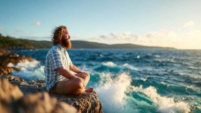 A serene image of a man peacefully meditating on a rocky coastline, harmonizing with nature while symbolizing tranquility and mindfulness in his surroundings.