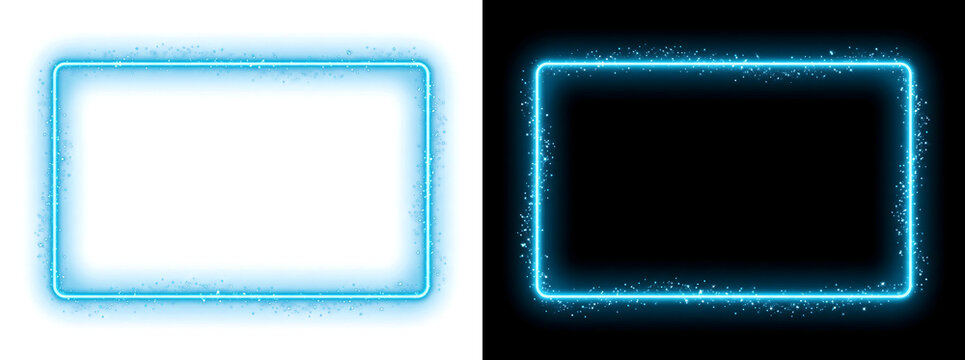 Blue neon square frame glows with sparkling glitter along rounded corners perfect for futuristic design in PNG, Transparent and Black Background Versions