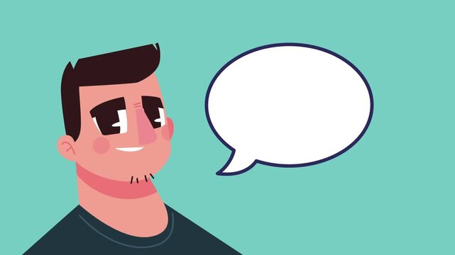 Animated character talking with empty speech bubble, man speaking with communication balloon, digital animation.