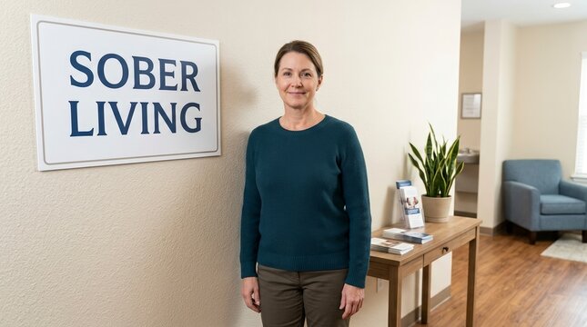 Woman standing next to a Sober Living sign in a recovery center. Female counselor in a clean and bright rehabilitation facility waiting room. Addiction treatment and support concept