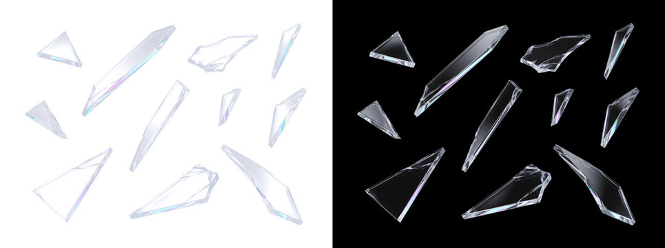 Broken glass shards scatter across darkness with sharp iridescent transparent fragments perfect for design in PNG, Transparent and Black Background Versions