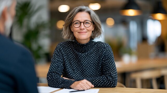 Elderly woman discussing inheritance planning with a professional lawyer across a wooden desk, documents and pen between them, respectful consultation, estate management and legal advice concept,