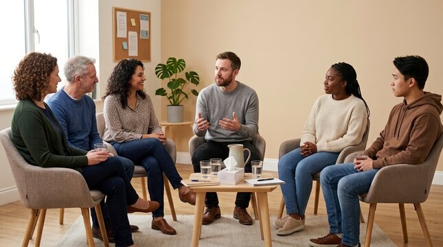 Diverse group of adults sitting in a circle during a therapy session. Man speaking and sharing in a mental health support group meeting. Healthcare and addiction recovery concept