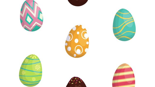 Dynamic motion of multiple vibrant easter eggs and a chocolate egg with sprinkles moving upwards on a white background.