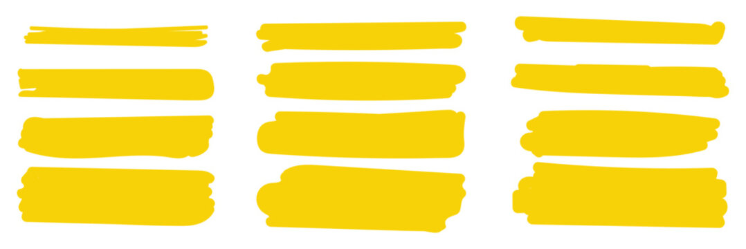 Yellow marker highlight text line set hand drawn stroke brush pen underline for banner note memo vector design