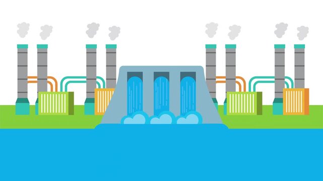 Hydroelectric power plant animation showing water dam with industrial factory buildings and smoke stacks near river.