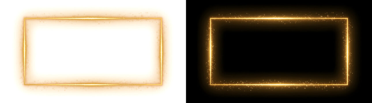 Golden rectangle frame glows with sharp edges and glittering gold dust perfect for luxury design in PNG, Transparent and Black Background Versions