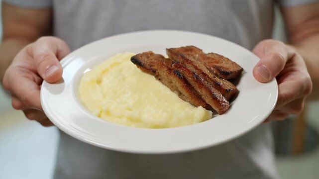 Person holds white plate with creamy mashed potatoes and crisp browned bacon strips toward camera, presenting simple hot meal against softly blurred indoor kitchen background