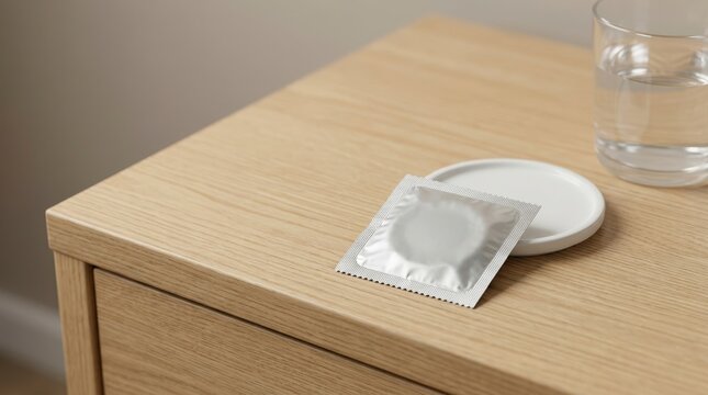 Silver foil condom packet on a wooden bedside table. Safe sex and contraception concept. Minimalist still life with a glass of water