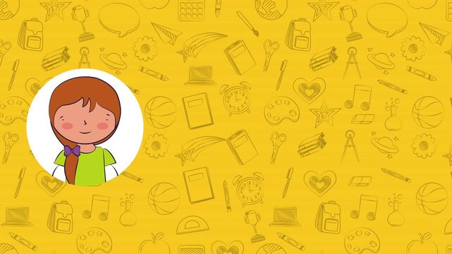 Animated school supplies pattern with a young girl's smiling face appearing and disappearing in a circular frame.