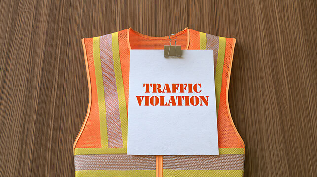 A high visibility safety vest with a paper sheet displaying text traffic violation on wooden surface background for law enforcement concept