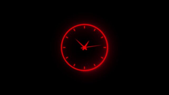 Animated neon light wall clock with fast moving hands motion graphic, passage of time and deadline concept