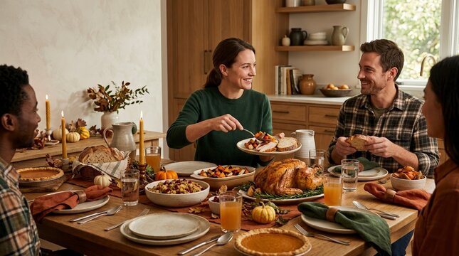 Friends gathering for a Thanksgiving dinner feast. Happy people sharing a festive autumn meal with roasted turkey and pumpkin pie at a wooden table