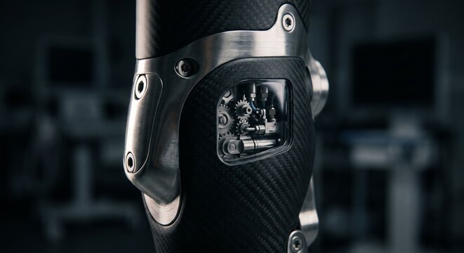 Extreme close-up of a high-tech bionic prosthetic knee joint showing internal metal gears and carbon fiber exterior