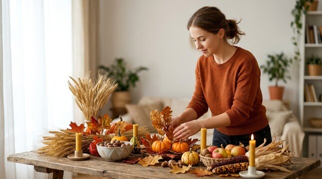 Woman arranging dry oak leaves on an autumn equinox altar. Seasonal home decoration with pumpkins, wheat, apples, and candles on a wooden table