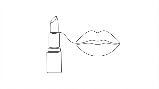 Cosmetics lipstick tube and lips continuous line art vector logo