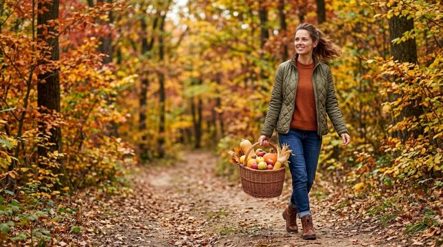 Smiling woman walking on a forest path with a basket of autumn harvest. Colorful fall foliage background with copy space