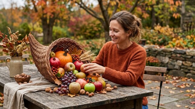 Woman arranging fresh fruit around a wicker cornucopia on an outdoor wooden table. Abundant autumn harvest with pumpkin, pomegranate, and grapes