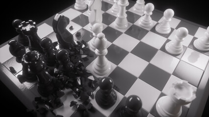 Shattered black chess pieces scattered across a checkered board while white pieces remain intact, dramatic monochrome. © Piotr Adamczyk