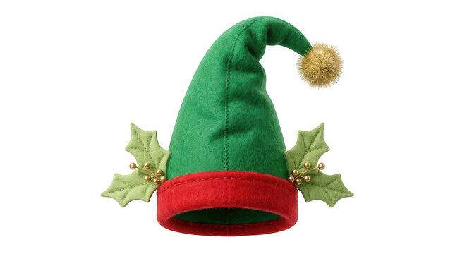 Green elf hat with red trim and holiday holly berries isolated on transparent background