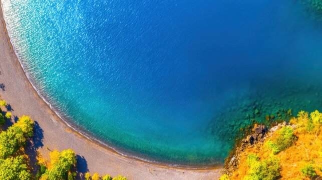 Aerial view of a tranquil blue lake bordered by vibrant green and orange foliage