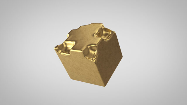 Golden cube-shaped object with melted, irregular surface details, floating against a plain light gray background.