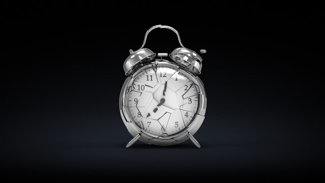 Silver alarm clock with cracked face, fragmented numbers and hands, standing on two legs against a dark gradient background.