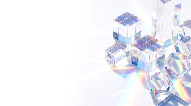 多角形ガラスブロックと幻想的な七色の光彩が魅せる高級化粧品向け背景素材