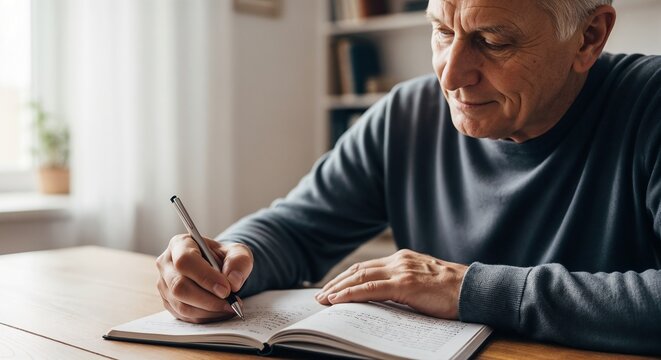 Focused elderly man writing in open journal at wooden table near window. Pensive elderly man writing notes with pen during quiet study session at home. Concept elderly man writing for education.